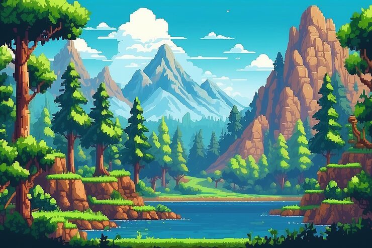 Pixel-art mountain landscape